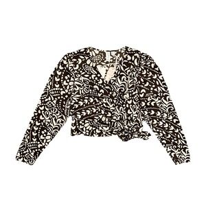 Joie Womens Brown Cream Wrap Crop Blouse Tie Waist Long Sleeve Size S NWT